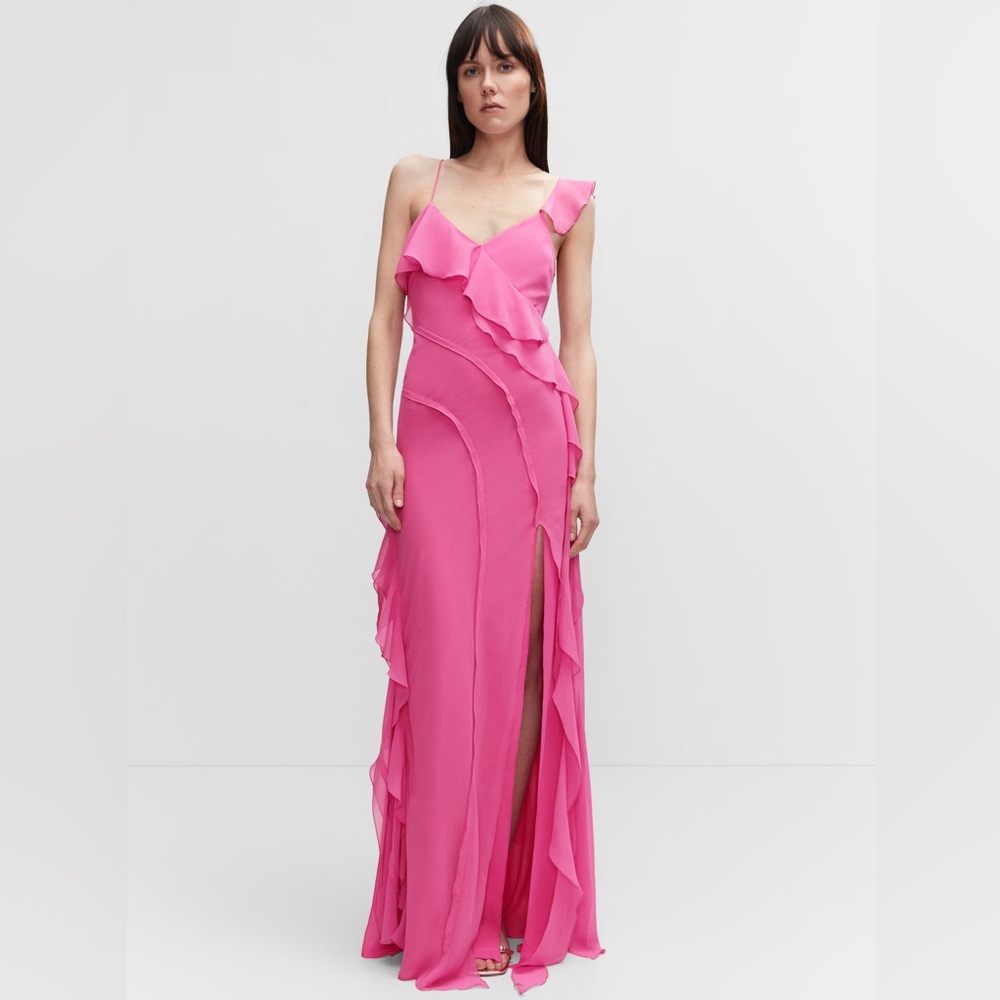 MANGO ruffles slit dress in fuschia